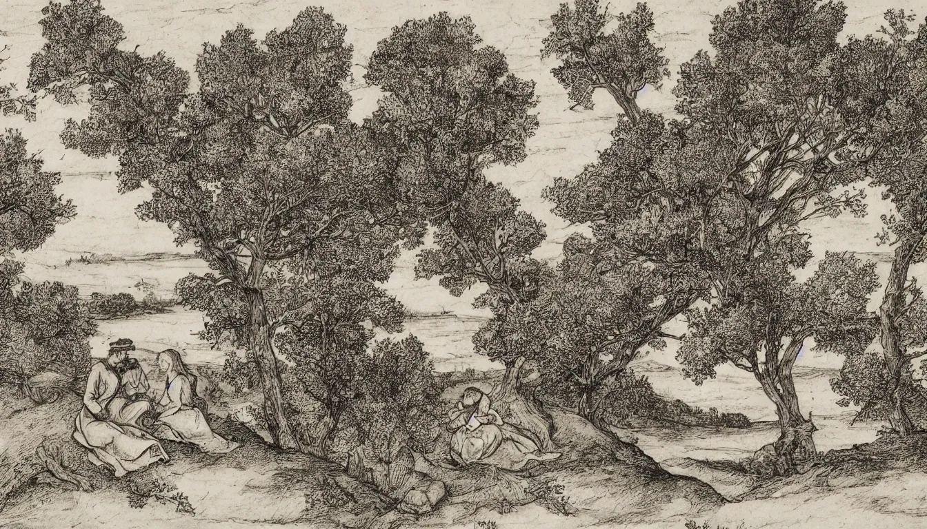 Image similar to a couple sits on a hill overlooking a river, yellowed paper, wind blown trees, pen and ink, 1 5 0 0 s, 8 k resolution