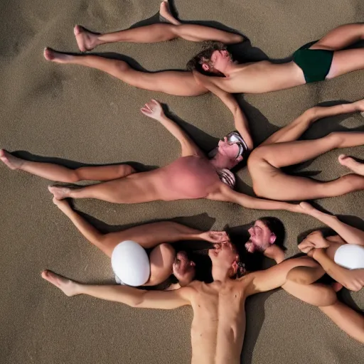 Image similar to photo of a giant ball of human bodies in bathing suits rolling down the beach in cronenburg style