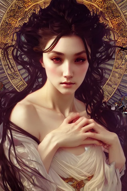 Image similar to beautiful, dark fantasy, intricate, elegant, highly detailed, digital painting, artstation, concept art, matte, sharp focus, illustration, art by artgerm and alphonse mucha