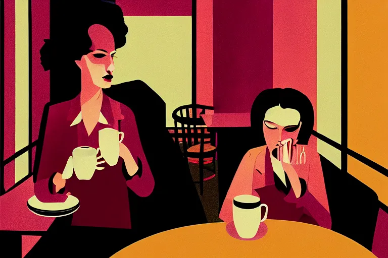 Image similar to editorial illustration by Karolis Strautniekas and Mads Berg, portrait of a woman drinking tea in a crowded cafe, colorful, fine texture,detailed, muted colors,film noir, dramatic lighting, dynamic composition, vivid, matte print, wide angle,((sunbeams)), moody, extreme perspective