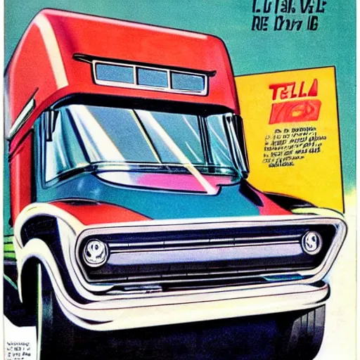 Prompt: tesla cyber truck, 1 9 6 0 s magazine art