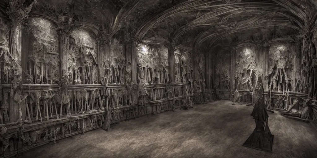 Prompt: a big room in a museum of skeletons, photorealistic, highly detailed, texture, gustave dore, 3 d sculpture, soft light, dramatic, moody, scary, ambient, hall,