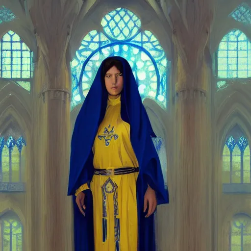 Prompt: portrait of a middle - eastern female cleric with straight black hair wearing blue and yellow vestments inside an abandoned temple, fantasy, highly detailed, digital painting, artstation, concept art, character art, art by greg rutkowski and tyler jacobson and alphonse mucha