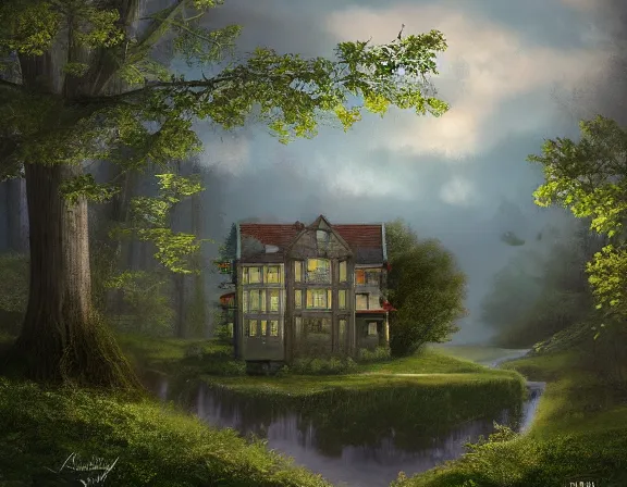 Prompt: A beautiful digital matte painting of a building in a serene landscape by Rafal Olbiński, mountains, clouds, wooded forest enclave, trending on artstation