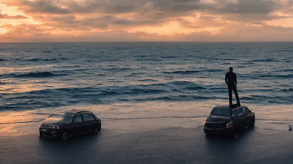 Image similar to a movie still of a man standing on a car while driving through the ocean at sunset, golden hour