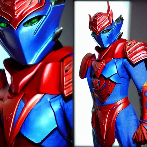 Image similar to High Fantasy Kamen Rider, blue armor with red secondary color, 4k, glowing eyes, daytime, rubber suit, dragon inspired armor, Guyver Unit 1 Armor