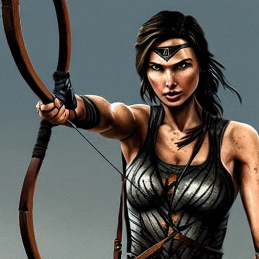 Image similar to Gal Gadot as Tomb Raider aiming a bow. Girl power. Movie poster art.