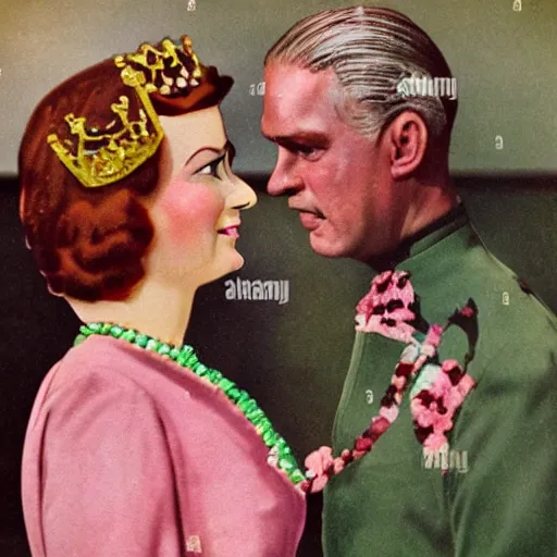 Prompt: a extreme long medium full shot, german and eastern european mixture kodachrome slide depicting a queen with tan skin, short, rippling dark cinnamon hair, and emerald coloured eyes, having a meeting with the prime minister. she is depicted in a vintage historical fantasy 1 9 3 2 life magazine photograph wearing a pink dress with floral patterns and green jewelry.