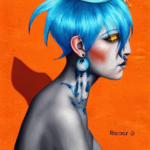 Image similar to illustrated portrait of ram-horned orange-skinned skin FFA500 devil woman with blue hair cut in a bob by rossdraws