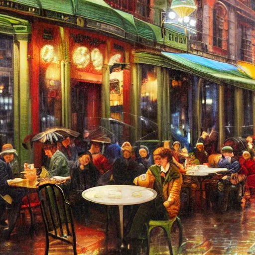 Image similar to busy cafe in a rainy victorian city