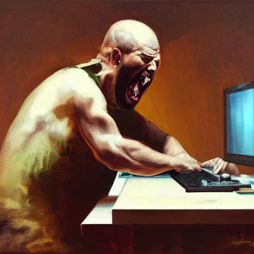 Image similar to an angry man yells at his computer monitor, oil on canvas, highly detailed