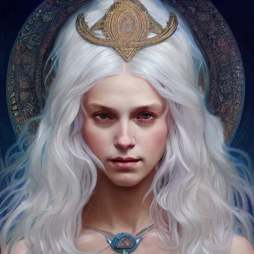 Prompt: god/goddess, non-binary, white hair, long hair, gorgeous, amazing, elegant, intricate, highly detailed, digital painting, artstation, concept art, sharp focus, illustration, art by greg rutkowski and alphonse mucha