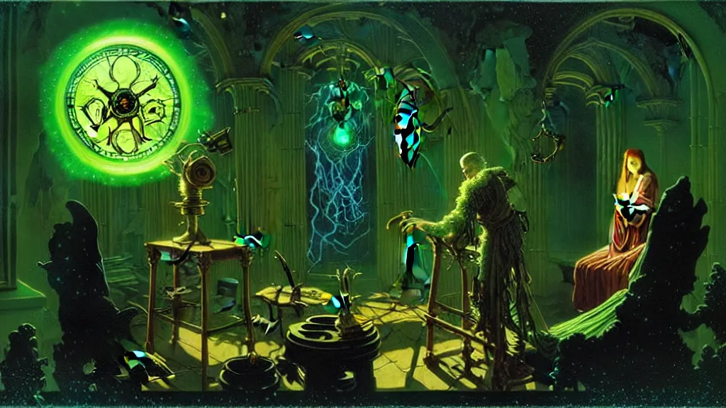 Prompt: the arcane watchmaker by albert bierstadt and gerald brom and dan mumford, floating metallic objects, blue flames, low light, glowing green crystals