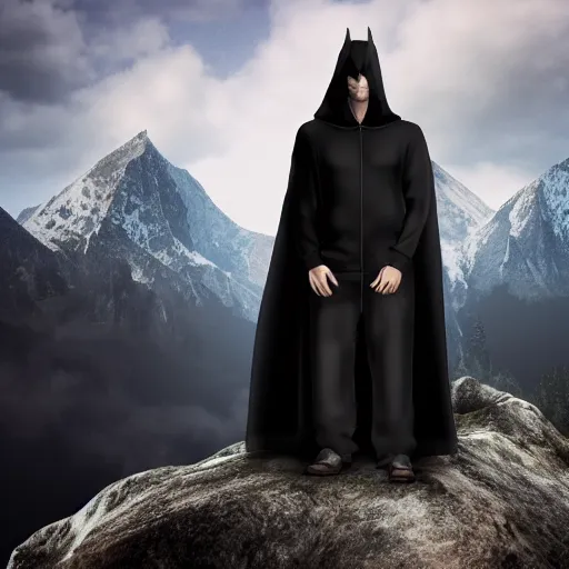 Image similar to a realistic full body of Konnor, a dragonblood, a black hood with black robes, extremely realistic and detailed, standing in front of a mountain