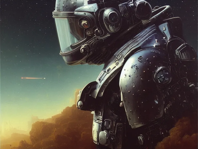 Prompt: a detailed profile oil painting of a lone shock trooper in a space armour and visor, cinematic sci-fi poster. technology flight suit, bounty hunter portrait symmetrical and science fiction theme with lightning, aurora lighting clouds and stars by beksinski carl spitzweg and tuomas korpi. baroque elements. baroque element. intricate artwork by caravaggio. Trending on artstation. 8k