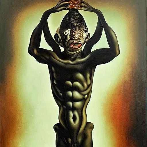 Image similar to Oil painting with black background by Christian Rex Van Minnen Robert Williams Salvador Dali of a portrait of an extremely bizarre disturbing mutated man with intense chiaroscuro lighting perfect composition