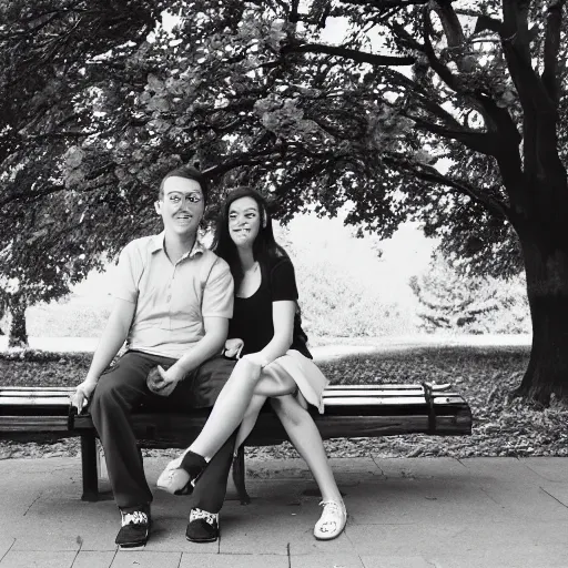 Prompt: 3 5 mm lens photograph of a couple sitting on a bench. poor lighting, over exposure.