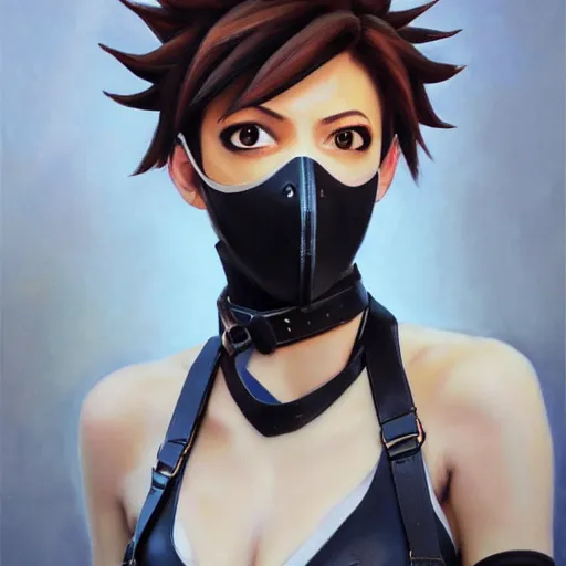 Image similar to oil painting of tracer overwatch in a field wearing very large black leather belt choker collar around neck, in style of mark arian, expressive face, very detailed face, very detailed eyes, belt around neck, full body, feminine face, tracer overwatch,