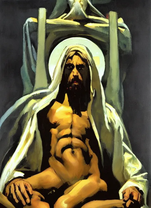 Prompt: mammon, blinfolded jesus sitting on throne of entwined bodies, holding cornucopia, painting by phil hale, 'action lines'!!!, graphic style, visible brushstrokes, motion blur, blurry