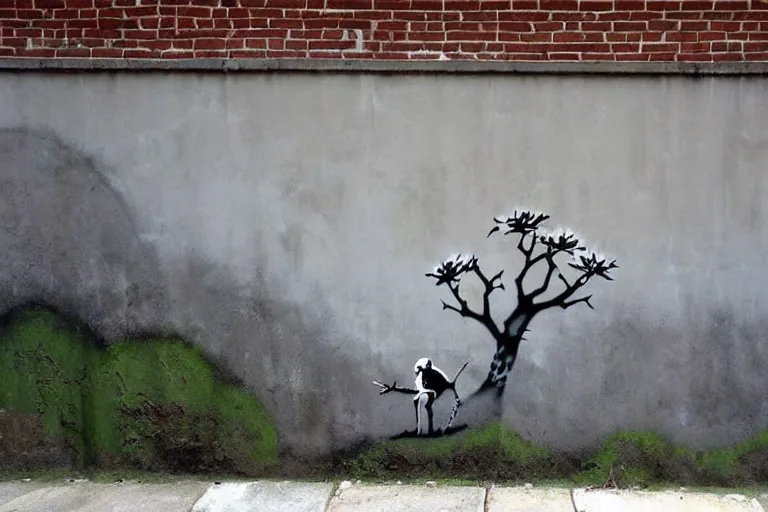 Image similar to wall painting, beautiful nature landscape, grey street wall, rule of thirds, art by banksy