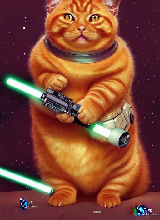 Image similar to a fat ginger cat holding a lightsaber, star wars outfit, beautiful glowing lights, sci - fi, stunning, intricate, elegant. highly detailed, digital painting. artstation. smooth. sharp focus. illustration. art by artgerm and greg rutkowski and alphonse mucha