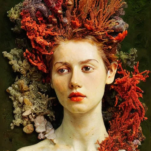 Image similar to a sculpture portrait made of seaweed and coral and shells and lilies, painting part by wojciech siudmak, part by ilya repin, part by max ernst, part by norman rockwell, artstation