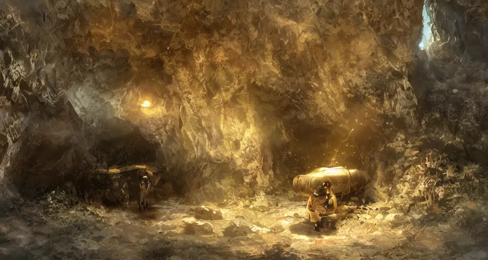 Prompt: craig mullins and ghibli digital art of middle of cave, light, bronze coffin, chain, medium gray, cinematic texture, high color contrast ， unreal engine, hyper realism, realistic shading, cinematic composition, realistic render, octane render, detailed textures, photorealistic, wide shot