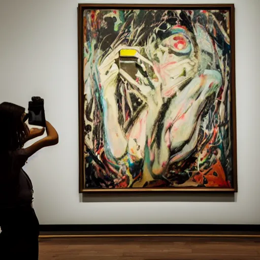 Prompt: wide - shot low - angle photo of woman taking selfie in the museum, painting by pollock on background, polaroid photo