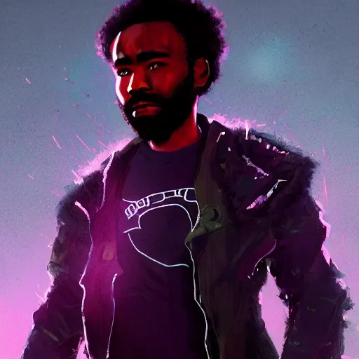 Image similar to a photo of donald glover as the prowler, 8 k concept art, cinematic lighting, grim, purple, black, cyberpunk, detailed, greg rutkowski, cedric peyravernay, anato finnstark, artstation