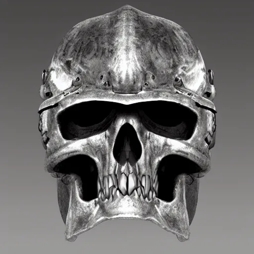 Image similar to space marine skull helmet, terrifying, grimdark, photorealistic, front view, symmetrical, artstation, art by brom