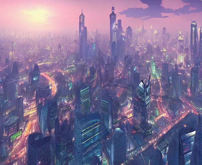 Prompt: Shanghai city peaceful,4K, ultra detailed, soft lighting, anime scenery, by Makoto Shinkai