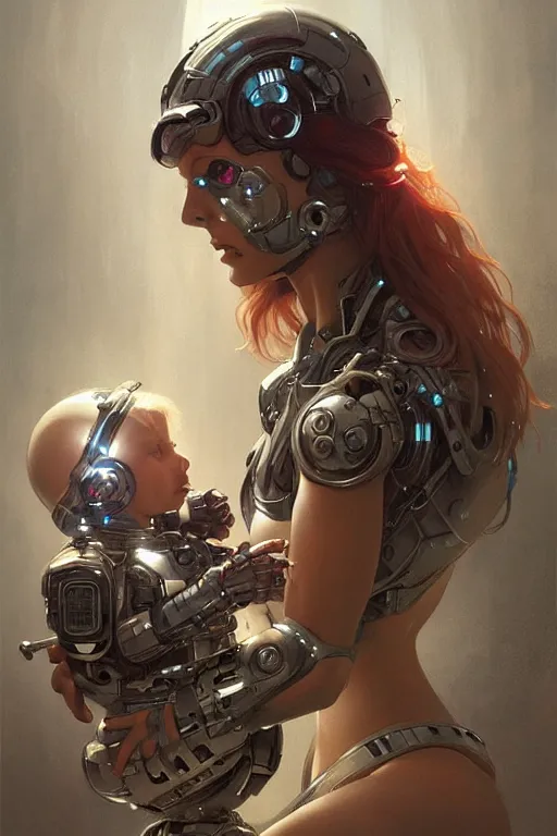 Image similar to ultra realistic illustration, robot woman carrying a baby + face, cyberpunk, sci - fi, fantasy, intricate, elegant, highly detailed, digital painting, artstation, concept art, smooth, sharp focus, illustration, art by artgerm and greg rutkowski and alphonse mucha