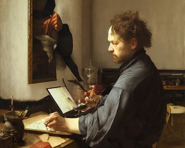 Prompt: an exhausted painter in his dimly lit studio by edgar maxence and caravaggio and michael whelan, intricate painting, hyper realistic, extremely detailed and beautiful aesthetic face, 8 k resolution