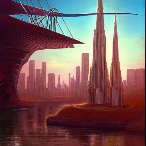 Image similar to by jim burns tranquil, angular. a beautiful land art of a cityscape with tall spires & delicate bridges.