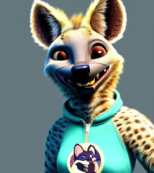 Image similar to digital detailed art of furry female hyena, in style of zootopia, fursona, furry, furaffinity, deviantart, wearing astronaut outfit, in style of disney zootopia, floating in space, space background, hyena fursona, cyberpunk, female, detailed face, style of artgerm,