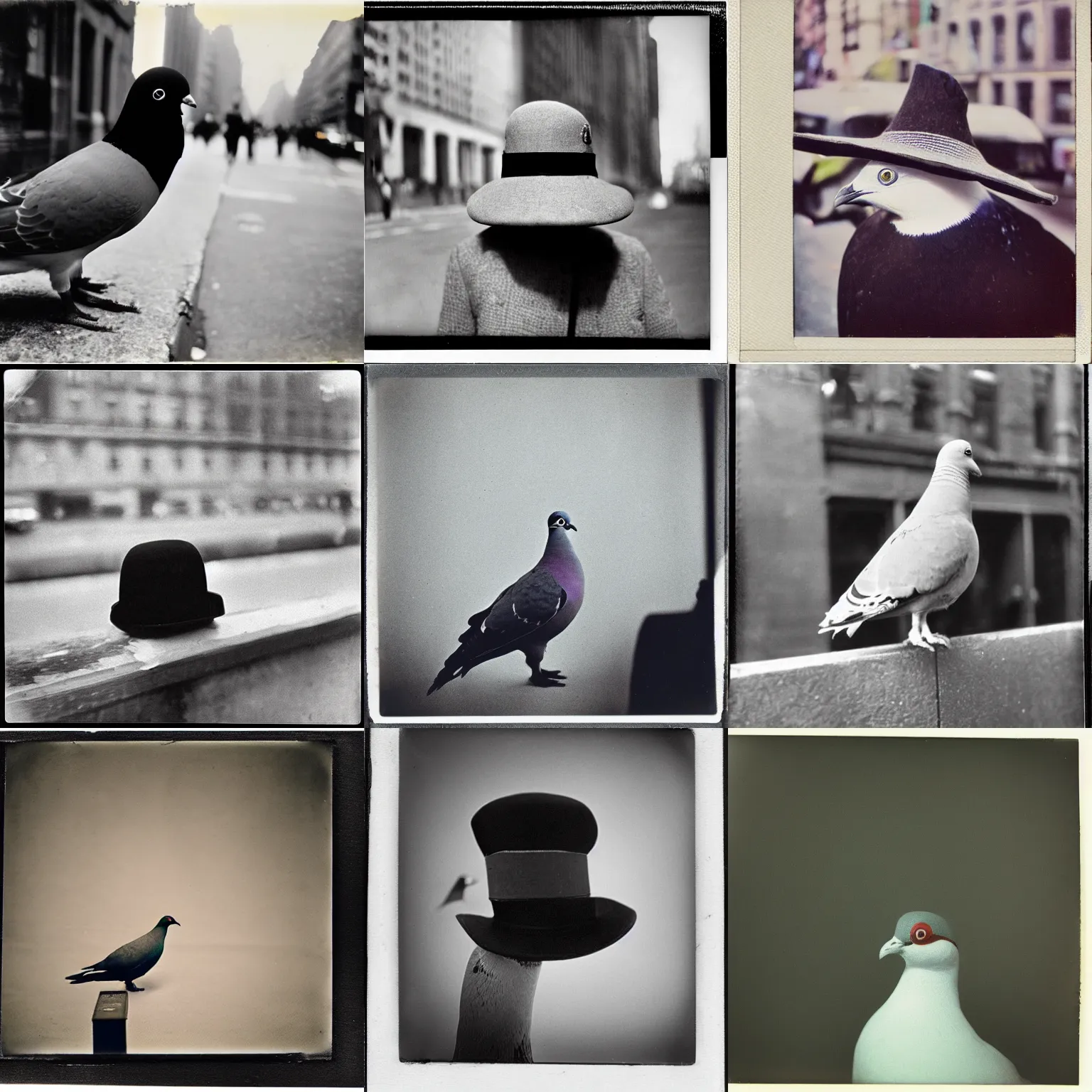 Prompt: wide shot very low angle eyesight photo of a pigeon in a hat at the street in new york polaroid photo by andy warhol