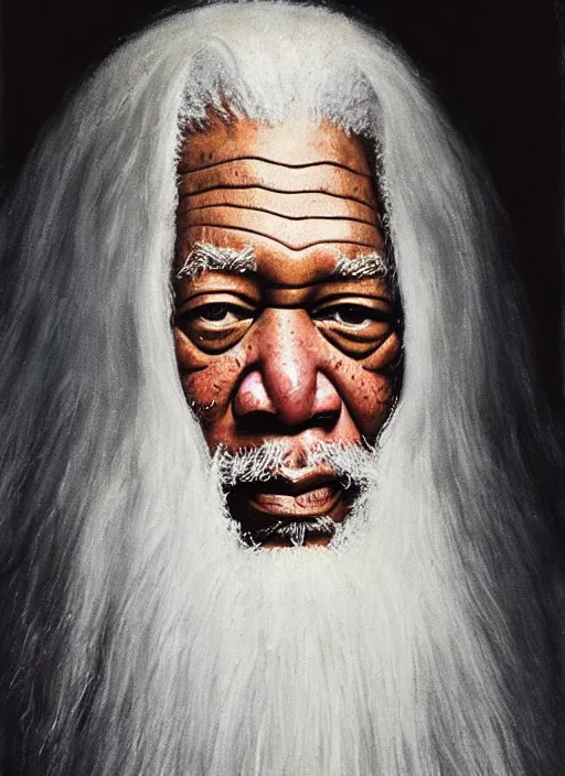 Prompt: portrait of morgan freeman as evil saurman the white, long white hair and white beard, long white flowing robes, long black wizard staff by alan lee, lord of the rings, smooth, oil painting, matte painting, concept art, trending on artstation, promotional artwork, film still, elegant, photorealistic facial features, intricate, detailed face, cinematic lighting