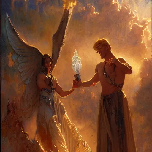 Image similar to attractive male deity casts light spell, summons attractive male lucifer morningstar. highly detailed painting by gaston bussiere, craig mullins, j. c. leyendecker 8 k