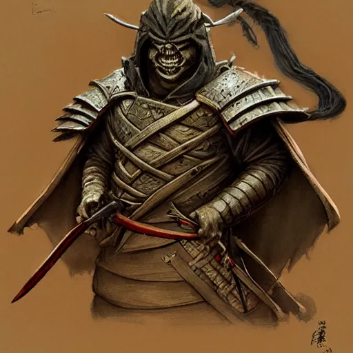 Prompt: quarter length portrait of a samurai hobgoblin, d & d, fantasy, greg rutkowski, frank frazetta, alexandre chaudret, boris vallejo, michael whelan, miro petrov, hr giger, magali villeneuve, donato giancola