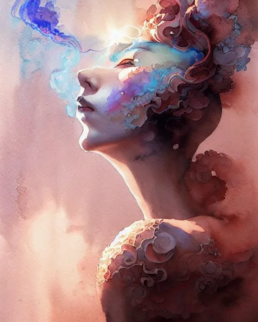 Prompt: Rose Gold intricate lace smoke portrait, geometric watercolor art by peter mohrbacher and artgerm, radiant halo of light