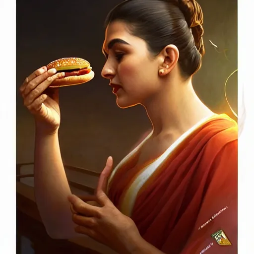 Prompt: portrait of Gandhi eating big mac hamburgers, extra onions and ketchup, luscious patty with sesame seeds, ethereal, handsome, D&D, fantasy, intricate, elegant, highly detailed, digital painting, artstation, concept art, matte, sharp focus, illustration, art by Artgerm and Greg Rutkowski and Alphonse Mucha