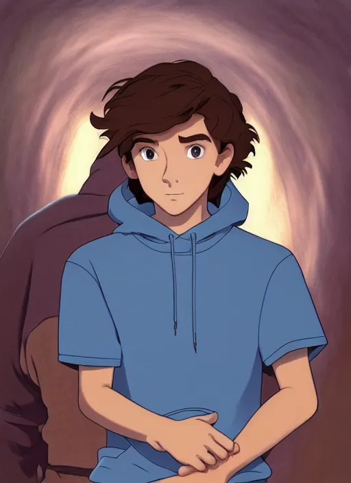 Image similar to teen boy with brown hair and big blue eyes, wearing a hoodie, natural lighting, path traced, highly detailed, high quality, cartoon, digital painting, by don bluth and ross tran and studio ghibli and alphonse mucha