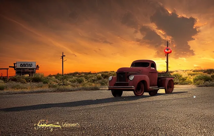 Image similar to A blinding backlight summer sunset landscape with historical route66 with abandoned gas station and a single old rusty pickup-truck. the summer light dimly illuminates, diffuse light, octane render, lots of sparkling details and sun ray’s, blinding backlight, smoke, volumetric lighting, 35 mm, beautiful reflections, heavenly, softlight