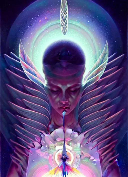 Image similar to symmetry!! cancer!!!! highly detailed, high contrast, light reflection, delicate patterns with feather texture, shining angel sword, trippy, nebula, trending on art station by artgem, by peter mohrbacher, by wlop, by ruan jia