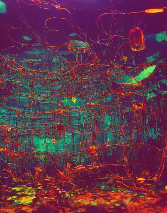 Prompt: a gloomy swamp of rusty wires and CRT Televisions with flying colorful jellyfish, matte painting, cinematic lighting, vibrant colors, high detail, 8k, shot on superia 400 filmstock,