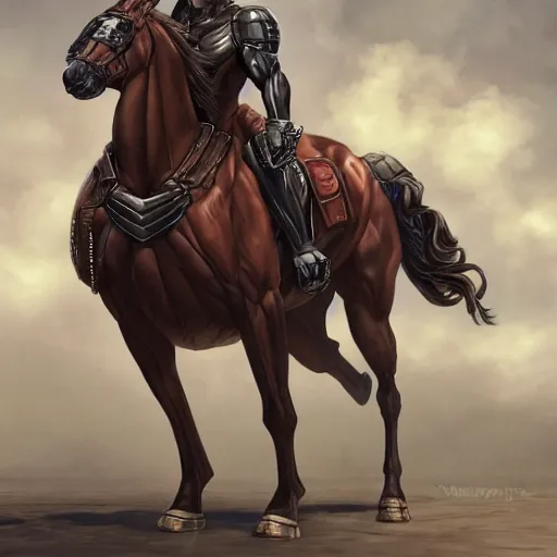 Image similar to a musclebound anthropomorphized horse with a magnificently muscular physique wearing a tight leather battle outfit standing guard at a facility, equine, anthro art, furaffinity, highly detailed, digital painting, artstation, sharp focus, game art, concept art, illustration, art by artgerm, greg rutkowski, wlop