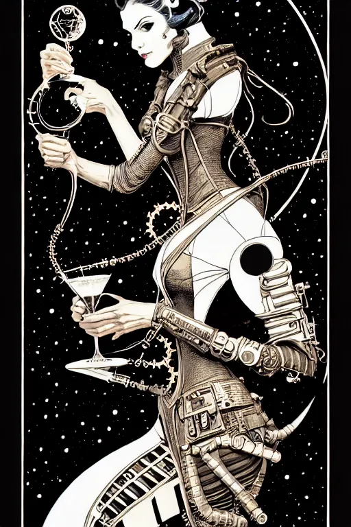 Image similar to side view of a majestic steampunk alchemist wise wizard holding a martini, high details, bold line art, by vincent di fate and joe fenton, inking, etching, screen print, masterpiece, trending on artstation, sharp, high contrast, hyper - detailed,, hd, 4 k, 8 k