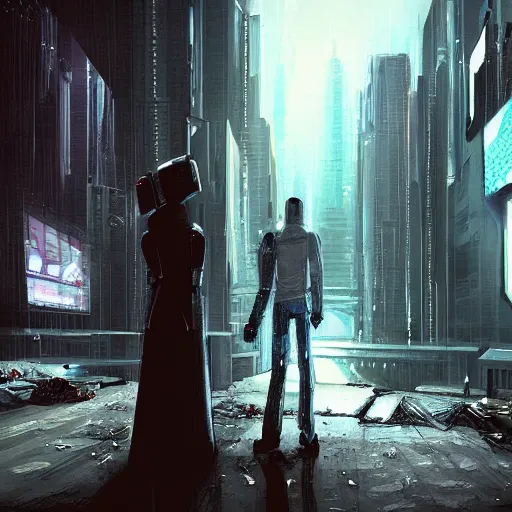 Prompt: a heartfelt unspoken love story between two robots overlooking a crumbling empty city, third person, cyberpunk, dystopia, rain, bittersweet