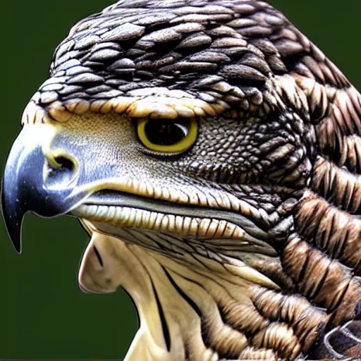 Image similar to hawk and crocodile morphed together, half crocodile, half hawk, real picture taken in zoo, realistic hawk proportions, head of crocodile is seamlessly merged with hawk