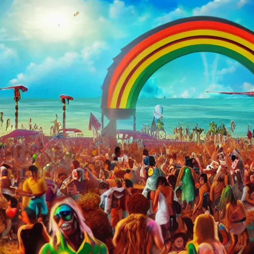 Prompt: a photorealistic reggae festival on a crowded beach, with dancing zombies, made by top artstation artists